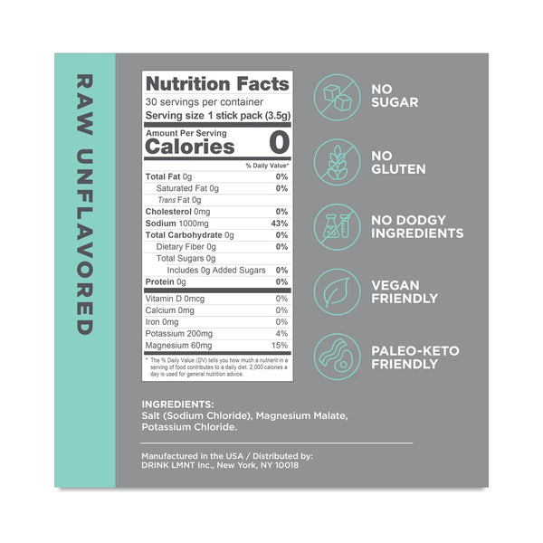 LMNT Electrolytes - RAW Unflavored Salt 30 servings